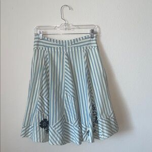 Lithe by Anthropologie Blue and White Striped Circle Skirt with Floral Accents